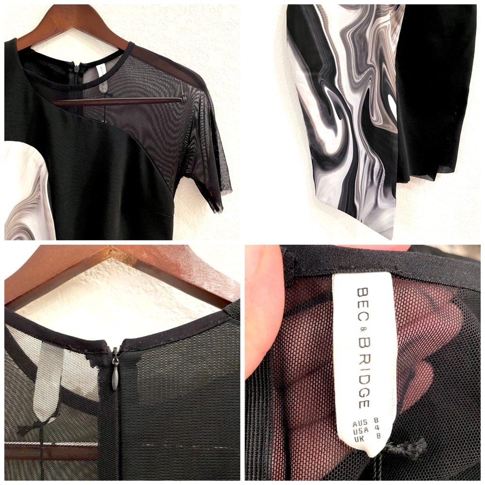 NWT Bec & Bridge Oil Slick Neoprene Print Mesh Panel Asymmetrical Dress - Picture 10 of 11